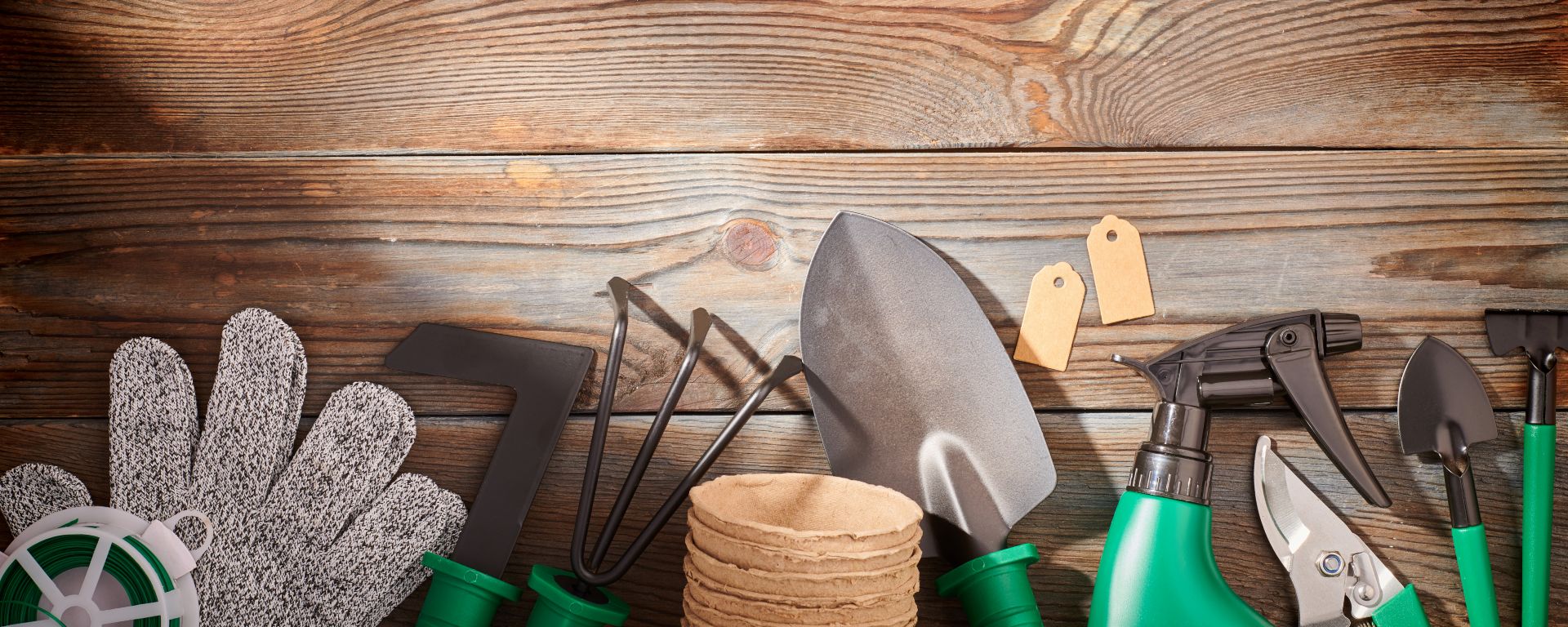 Variety of garden tools on wooden background.